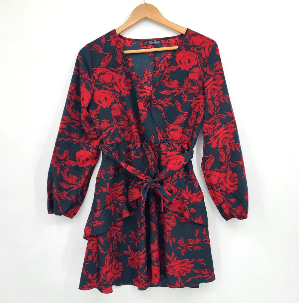 Uguest Red Black Floral Dress Ruffle Belted Dark Romance Boho Chic Goth Size L